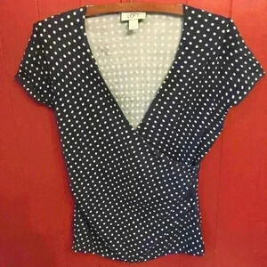 Loft Ann Taylor V-neck Polka Dot shirt 
women S blue white